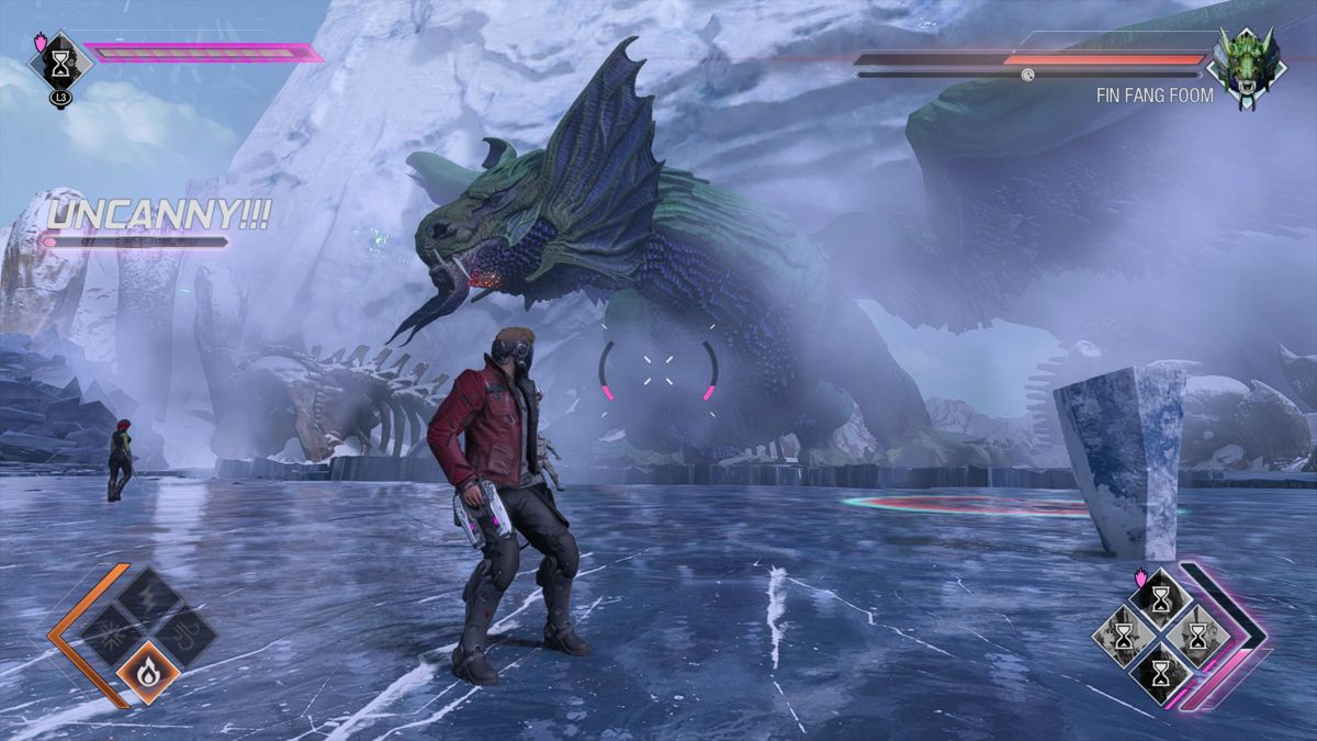 Marvel Guardians of the Galaxy (PlayStation 5) screenshot: Guardians versus the giant dragon