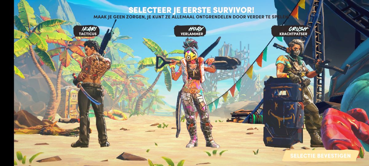 Wild Arena Survivors (Android) screenshot: Character selection (Dutch version)