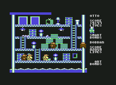 It's Clean-Up Time (Commodore 64) screenshot: In the last level (8), enemies are clones of the protagonists. This is also the only level with an impassable obstacle, the top green crate