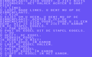 The Secret of Arendarvon Castle (Commodore 64) screenshot: To put something in something you have to type "STOP" (or STO). (Dutch)