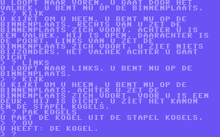 The Secret of Arendarvon Castle (Commodore 64) screenshot: Type "OVERZICHT" (or OV) to know what you have in your possession. (Dutch)