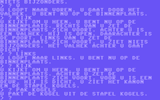 The Secret of Arendarvon Castle (Commodore 64) screenshot: Use "KIJK" (or KI) is to get a description of your location and if there are any objects. If you want to have something in your possession you need to type "PAK" (or PA) (Dutch)