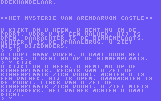 The Secret of Arendarvon Castle (Commodore 64) screenshot: Type "VOORWAARTS" (or V) to move ahead. "LINKS" (or L) to move to the left, "TERUG" (or T) to go back and "RECHTS" (or R) to go to the right. (Dutch)