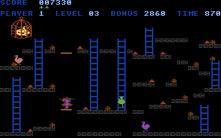Chuckie Egg (Commodore 64) screenshot: Riding a moving platforms to new parts of the screen