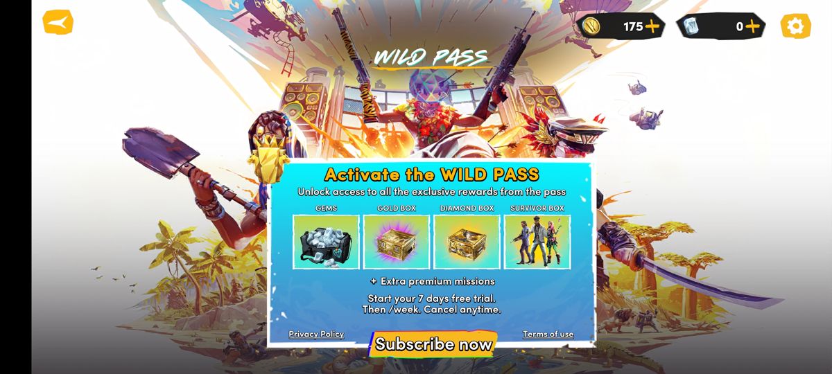 Wild Arena Survivors (Android) screenshot: The Wild Pass requires a subscription.