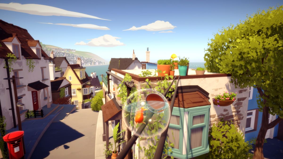 I Am Fish (Windows) screenshot: You can get between buildings using rails.
