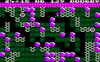 Boulder Dash (Amstrad CPC) screenshot: This level features lots of boulders and diamonds to dodge