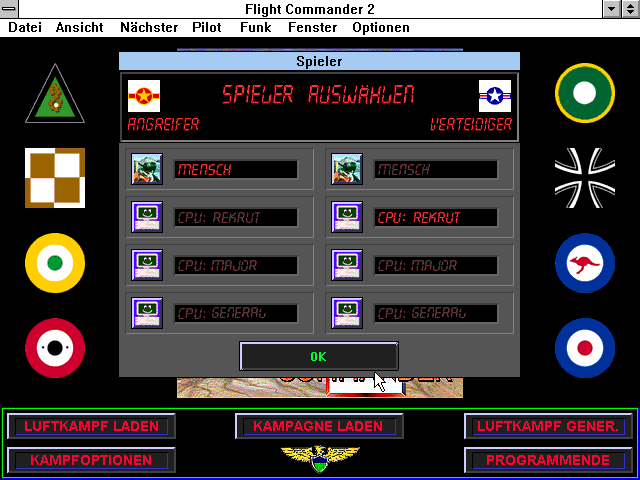 Flight Commander 2 (Windows 3.x) screenshot: Campaign selection menu. (German version)