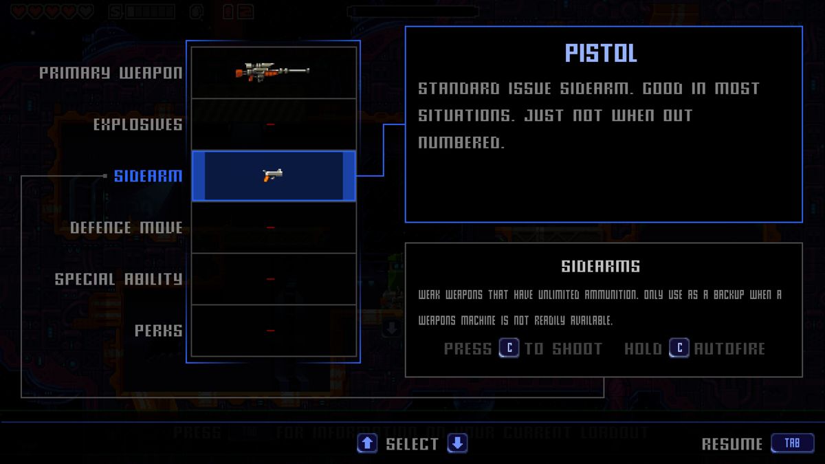Super Mutant Alien Assault (Windows) screenshot: Overview of the weapons currently equipped. This can be accessed at any moment during gameplay.