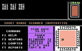 Mind Warp (Commodore 64) screenshot: The short range scanner is inoperable, which disables the map in the bottom right of the screen.