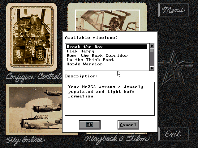 Air Warrior (DOS) screenshot: Available missions. (v1.5)