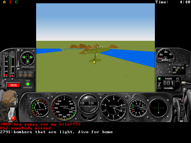 Air Warrior (DOS) screenshot: B-17 external view. (Check out the hands on the throttle.) (v1.5)