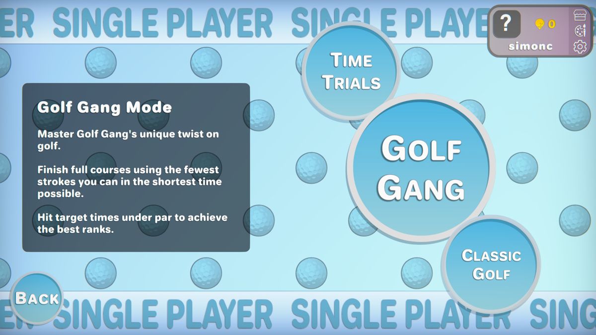 Golf Gang (Windows) screenshot: Game mode selection with an explanation of the Golf Gang mode.