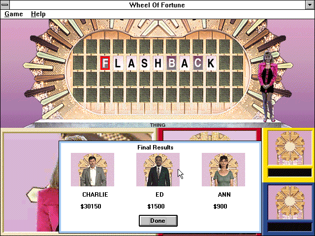 Wheel of Fortune (Windows 3.x) screenshot: The final game results are displayed