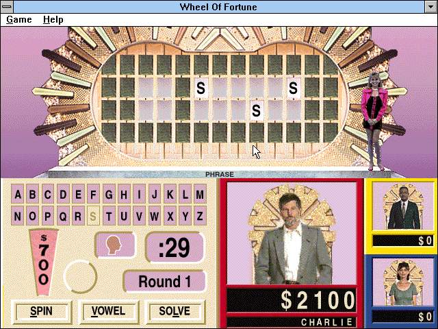 Wheel of Fortune (Windows 3.x) screenshot: Choose Spin, Vowel, or Solve. Previously guessed letters are highlighted