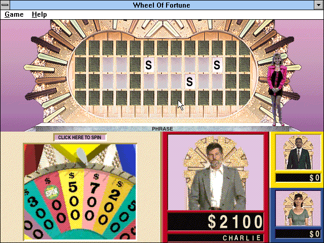 Wheel of Fortune (Windows 3.x) screenshot: Choosing spin will show the wheel spinning