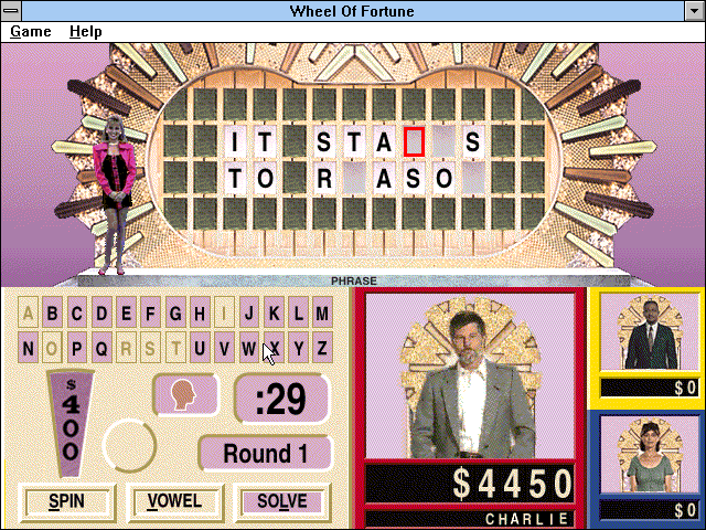 Wheel of Fortune (Windows 3.x) screenshot: Solve allows you to type in the missing letters