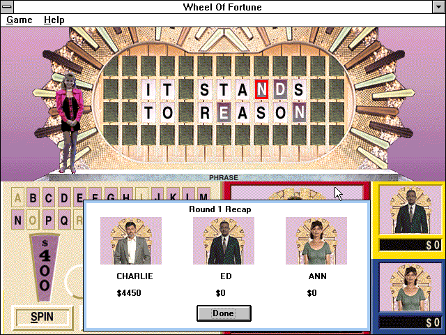 Wheel of Fortune (Windows 3.x) screenshot: At the end of each round the results are displayed