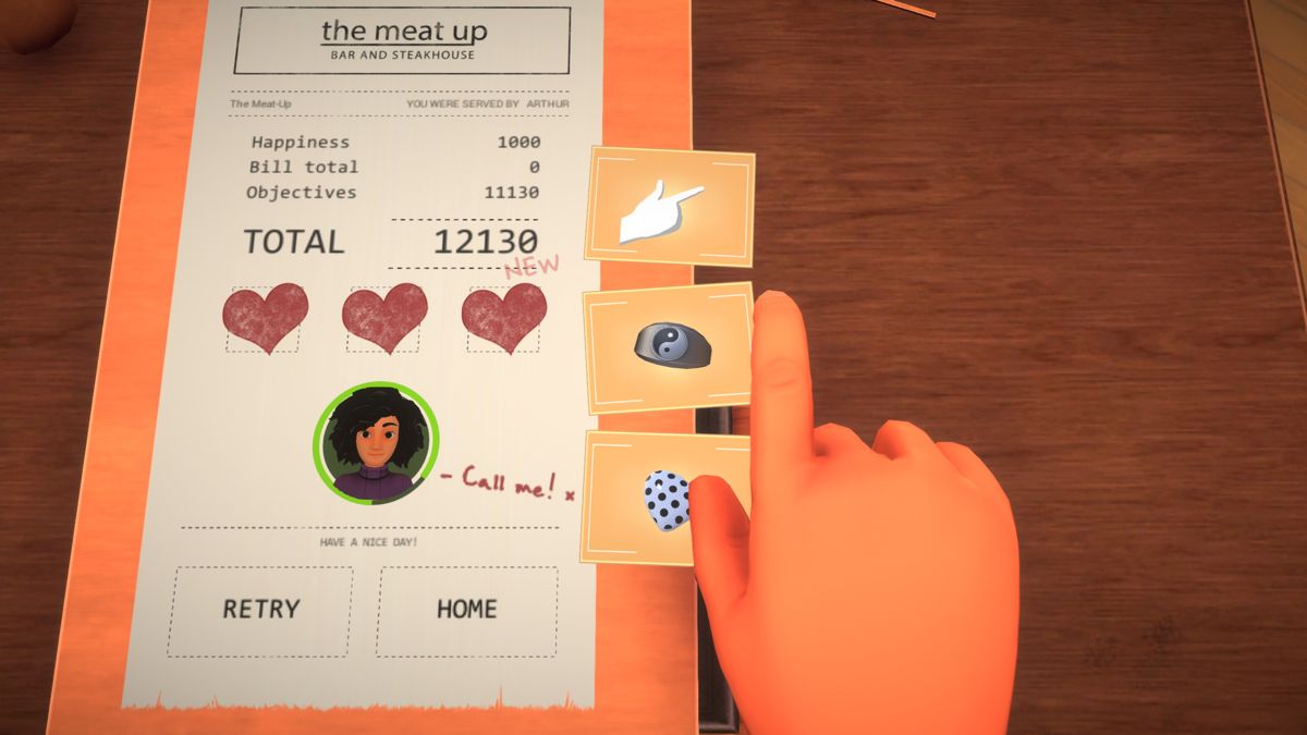 Table Manners (Windows) screenshot: Date complete with a good result and new customization options unlocked.