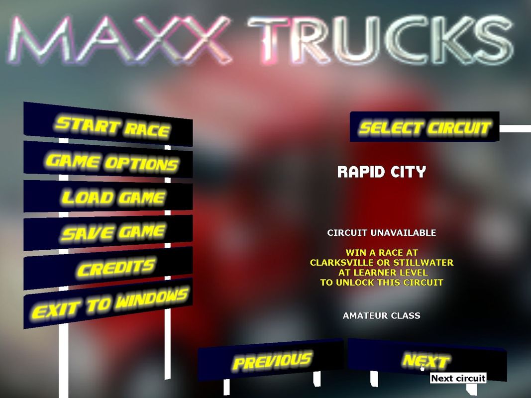 Maxx Trucks (Windows) screenshot: After the truck selection comes the track selection. Only two tracks are available initially, the remainder are unlocked as races are won
