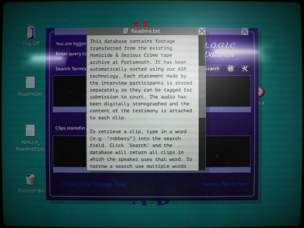 Her Story (Windows) screenshot: The introductory readme file gets the player acquainted with the basic gameplay.