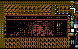 Boulder Dash: Construction Kit (Commodore 64) screenshot: There are many different options to set for each cave