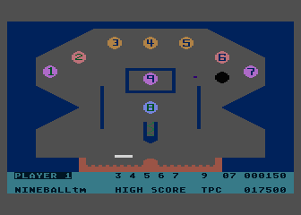 Nineball (Atari 8-bit) screenshot: The black hole appears in some game modes.