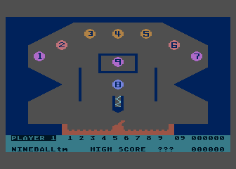 Nineball (Atari 8-bit) screenshot: Shooting the pinball from a cannon starts the game.