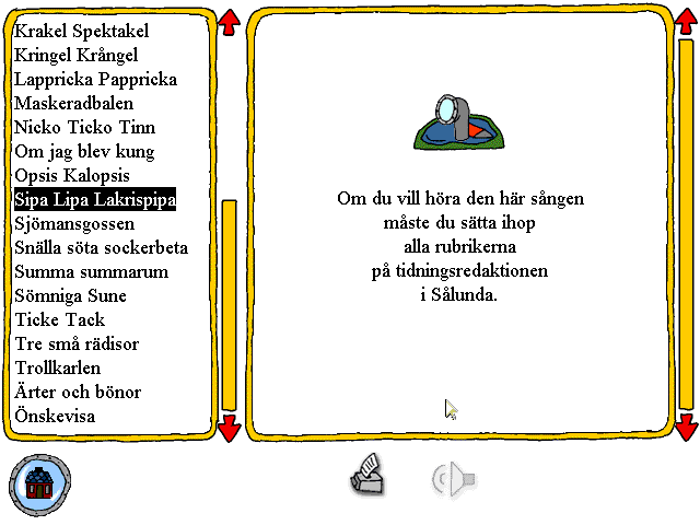 Krakels ABC: Den Galna Dammsugaren (Windows) screenshot: If a song cannot be played, the game requires you to finish a task, in this case to make more sentences for the news paper in the Sålunda lake.