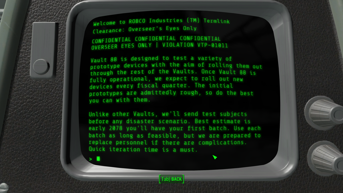 Fallout 4: Vault-Tec Workshop (Windows Apps) screenshot: Using the Overseer's terminal.