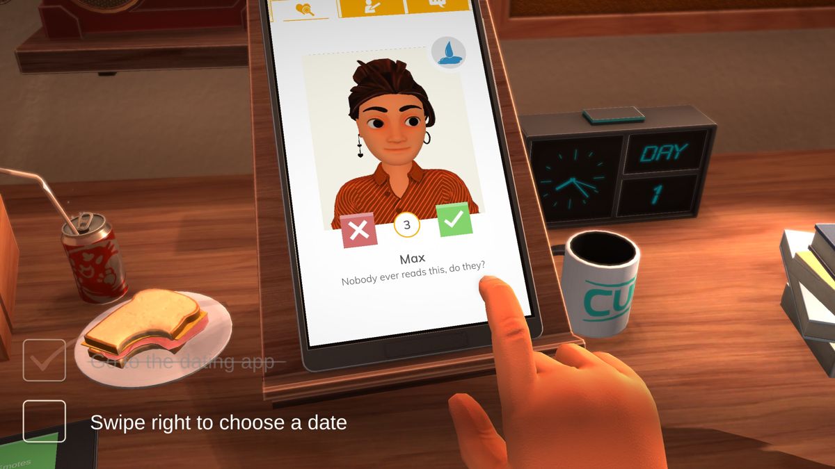 Table Manners (Windows) screenshot: The dating app is where you meet people. Swipe left or right.