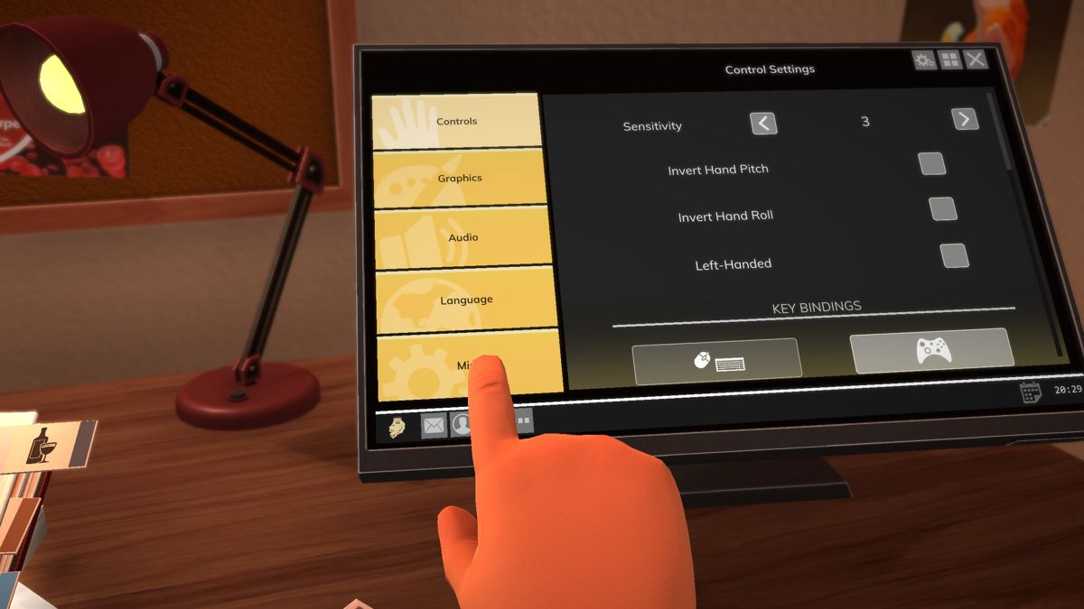 Table Manners (Windows) screenshot: At your desk at home there is a touch screen you can use to access the game's settings.