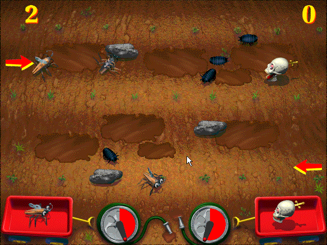 Gearheads (Windows 3.x) screenshot: Skulls can scare the enemies toys to reverse.