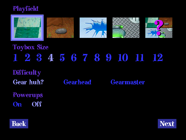 Gearheads (Windows 3.x) screenshot: Select the play field.