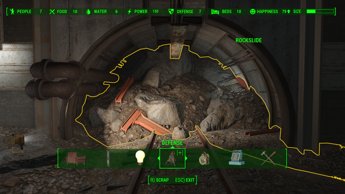 Fallout 4: Vault-Tec Workshop (Windows Apps) screenshot: Clearing the rubble that is blocking the tunnel.