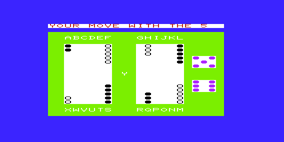 Backgammon (VIC-20) screenshot: Playing First Move