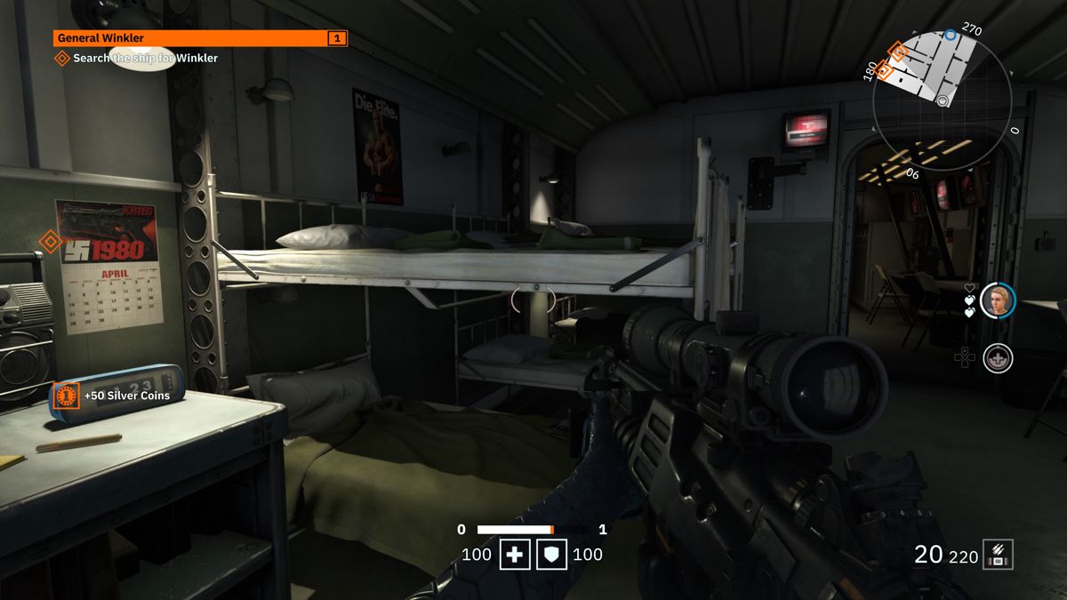 Wolfenstein: Youngblood (PlayStation 4) screenshot: Searching for items in the sleeping quarters
