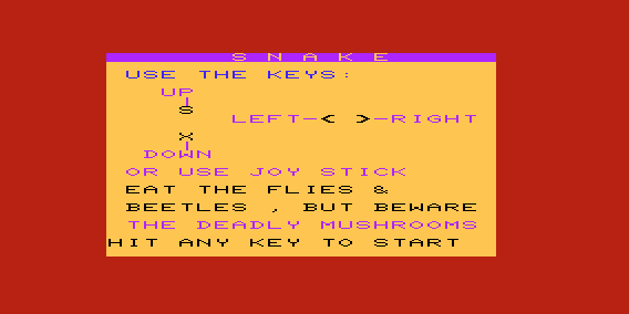 Snake (VIC-20) screenshot: Title Screen