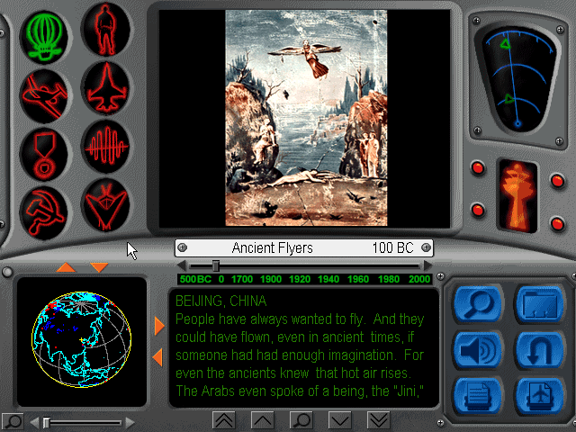 Aviation Adventure (Windows 3.x) screenshot: The encyclopedia has some information about the history of flight as text and video