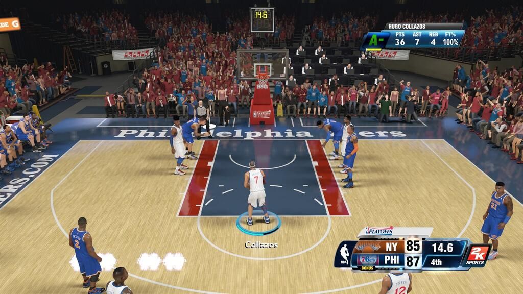 NBA 2K14 (PlayStation 4) screenshot: Getting ready to take free throws late in the game with my MyPlayer character.