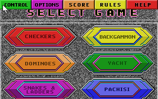 Hoyle: Official Book of Games - Volume 3 (DOS) screenshot: Main Menu - Point to the top of the screen for options. When playing a game, the Help and Score screens are available.
