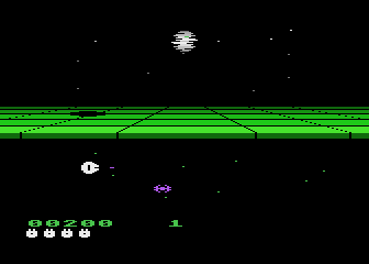 Star Wars: Return of the Jedi - Death Star Battle (Atari 8-bit) screenshot: Beginning the game; incoming fighter!