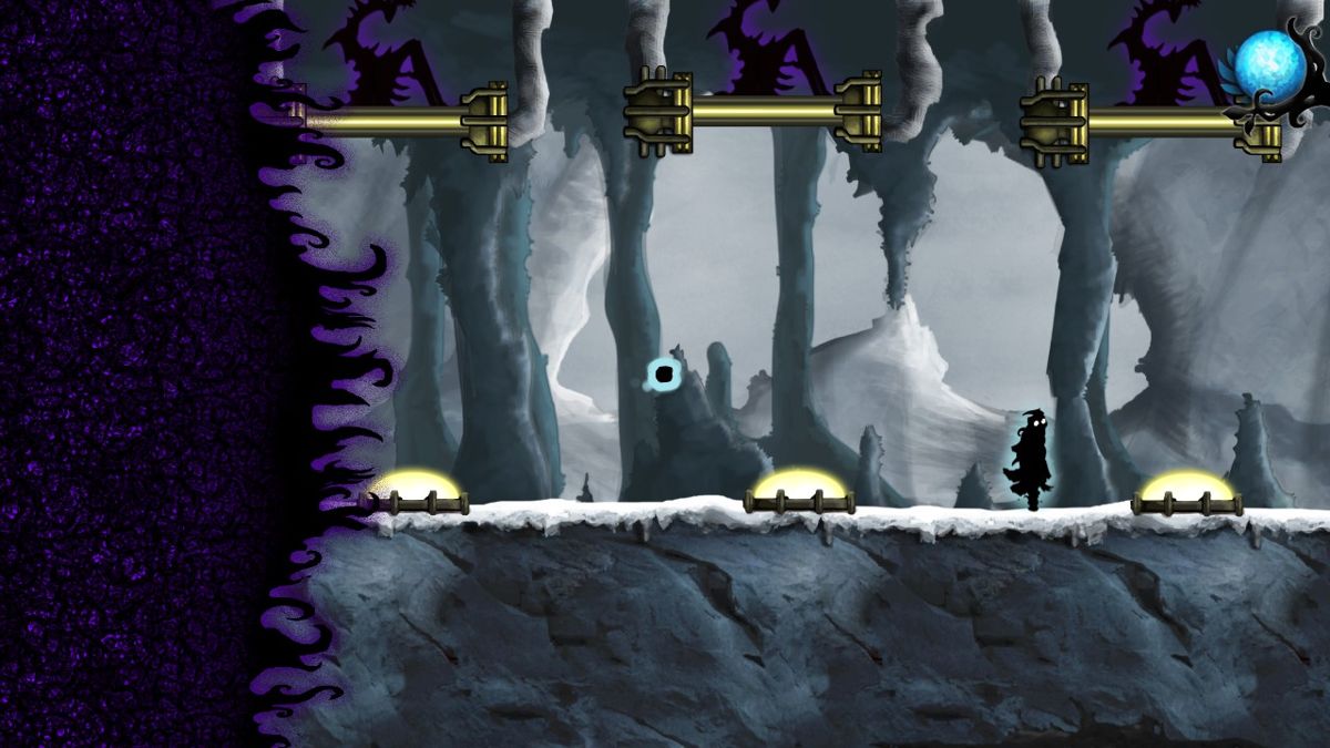 Nihilumbra (Windows) screenshot: A wave from the Void chases you as you avoid triggering the golden domes. The game make clever use of it's mechanics.