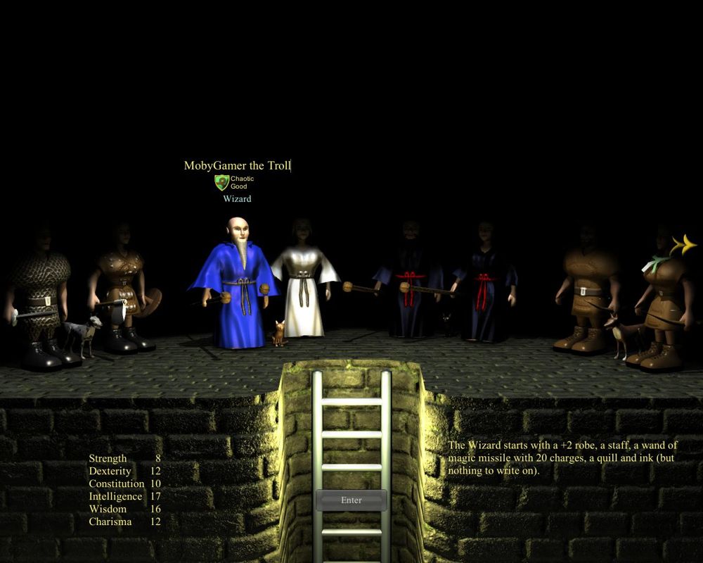 WazHack (Windows) screenshot: Character selection - From left to right: Knight (m), Valkyrie (f), Wizard (m), White Witch (f), Sorcerer (m), Sorceress (f), Huntsman (m), and Huntress (f).