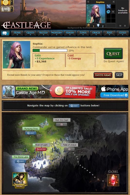 Castle Age (Browser) screenshot: Quests - Which apparently consists of clicking on the quest button until it's completed. Not much gameplay going on around here.
