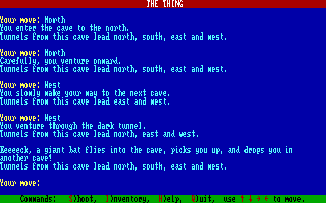 The Thing (DOS) screenshot: A giant bat picks you up and drops you in another cave.