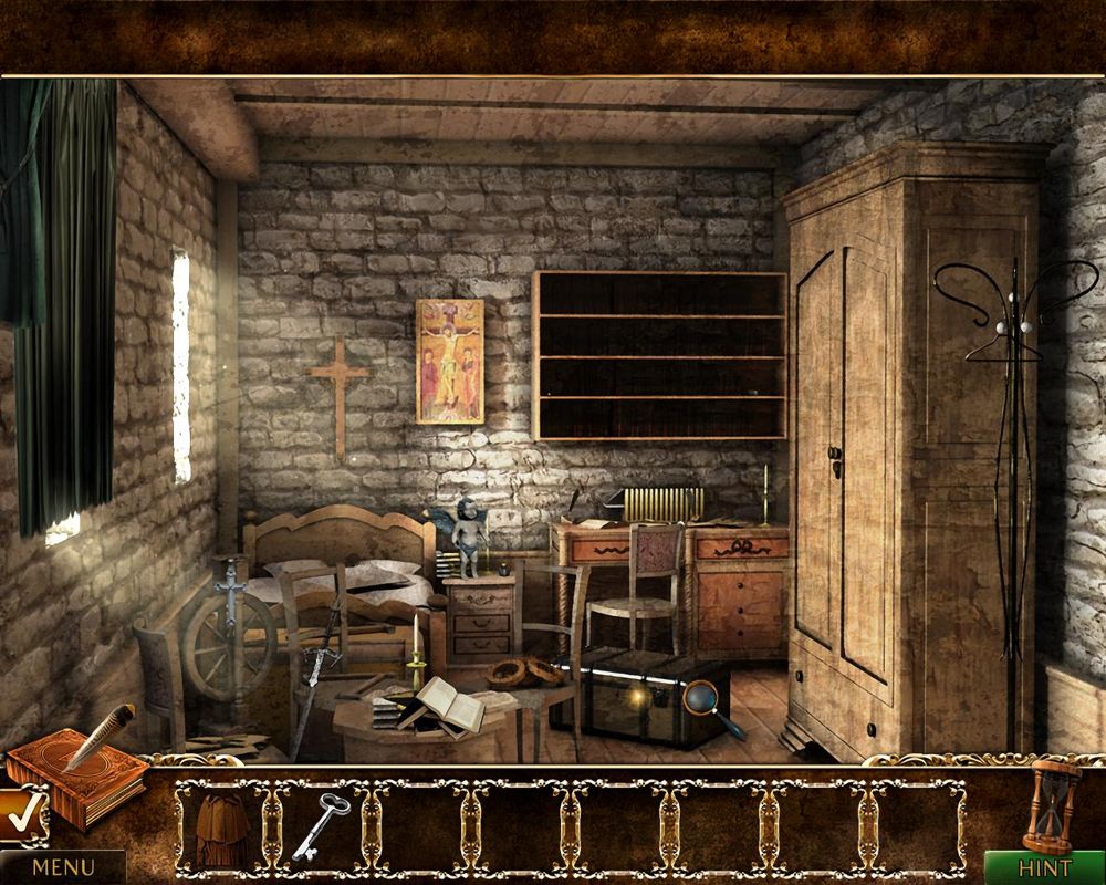 Where Angels Cry (Windows) screenshot: Game start - The hidden object game starts here. Clicking on items will move them into the inventory. Sometimes a glitter shows up to indicate a minor hint.