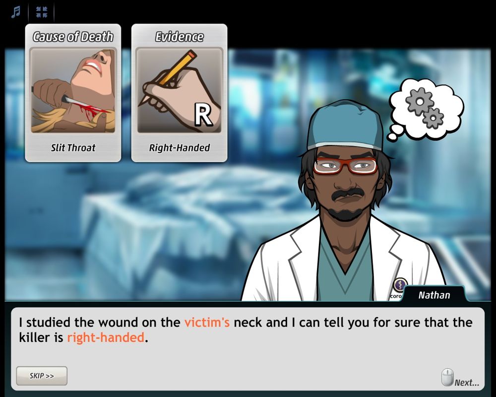 Criminal Case (Browser) screenshot: Autopsy results - Cutting up the body only resulted in the finding out the killer is right handed? I was expecting a full curriculum vitae. :p