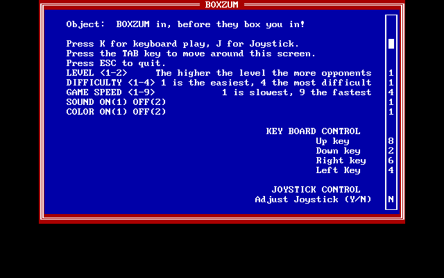 Boxzum (DOS) screenshot: Main menu