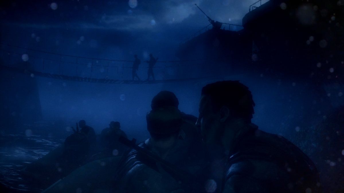 Battlefield: Bad Company 2 (PlayStation 3) screenshot: Enemy patrol oblivious to the boats passing below the bridge.